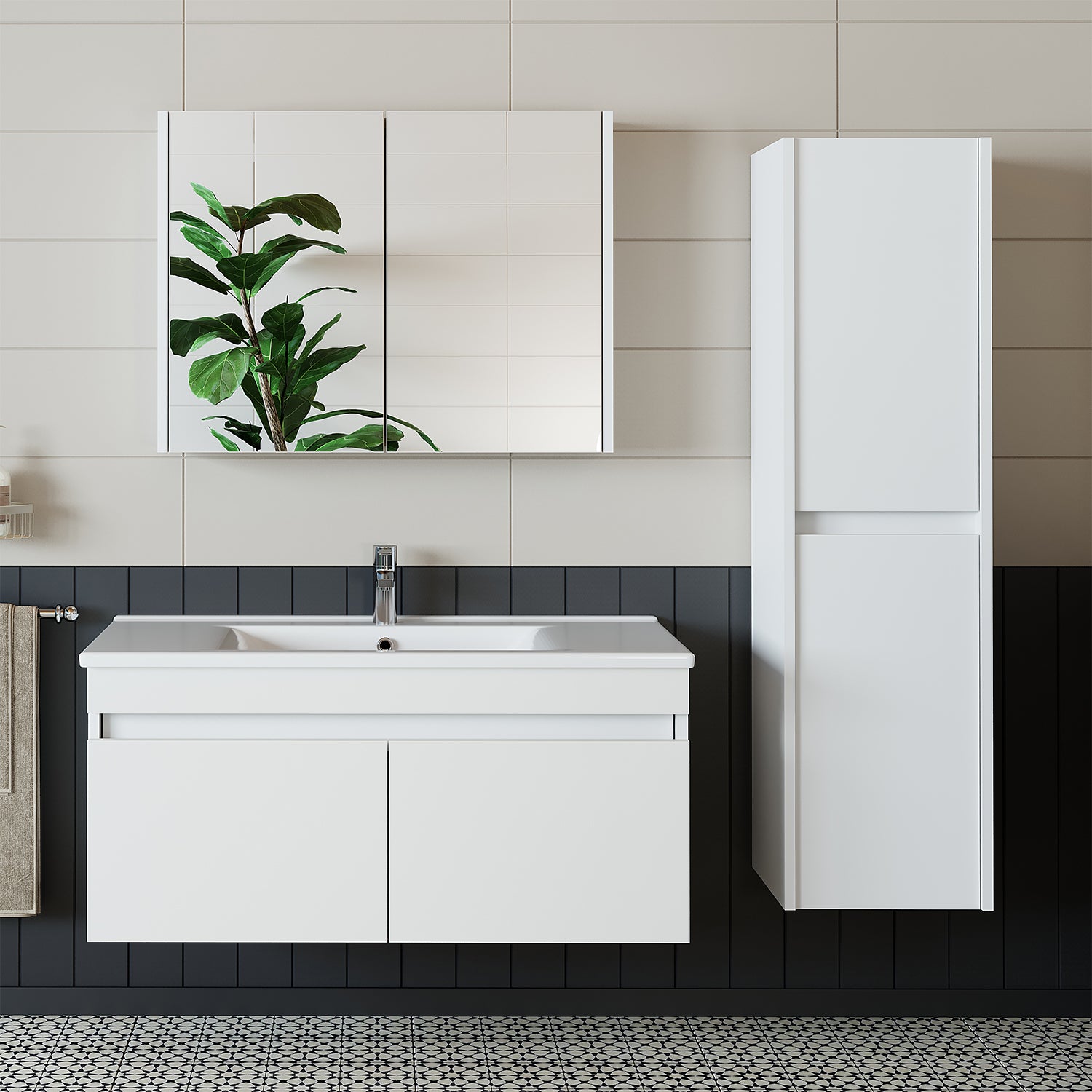 lavabo, ensemble de meubles de salle de bain, lavabo avec meuble bas, meubles de salle de bain, armoire haute, armoire, éclairage, meubles de salle de bain, meuble sous lavabo, armoire à miroir, miroir, large, salle de bain, invités, suspendue, armoire de salle de bain, blanc, furniture