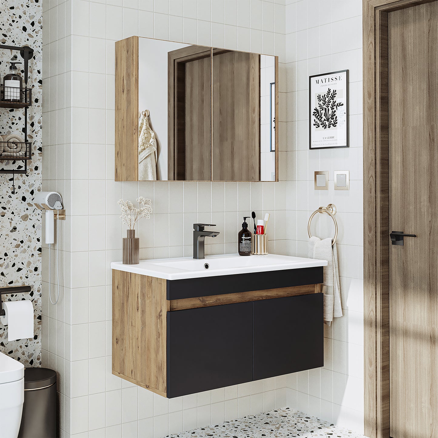 Roomart bathroom furniture set ATRIA 3 pieces, in 4 colors, 85 cm vanity unit with ceramic washbasin - mirror cabinet - bathroom cabinet, washbasin, bathroom furniture, bathroom cabinet, bathroom, with, vanity unit, bathroom furniture, set, washbasin, furniture, bathroom furniture, bathroom