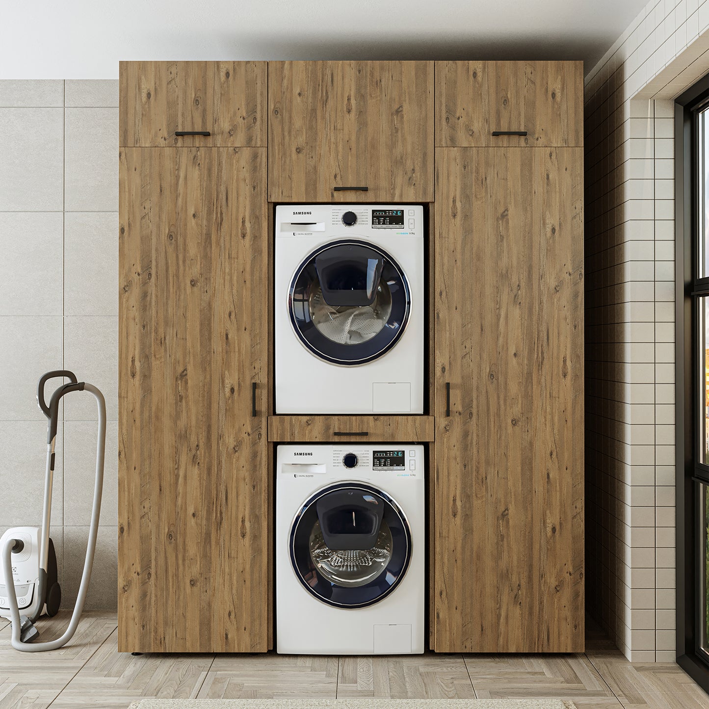 Roomart Schrankwand Trockner auf Waschmaschine • 187 cm breit • Weiß, Schwarz Eiche Waschmaschinenschrank
