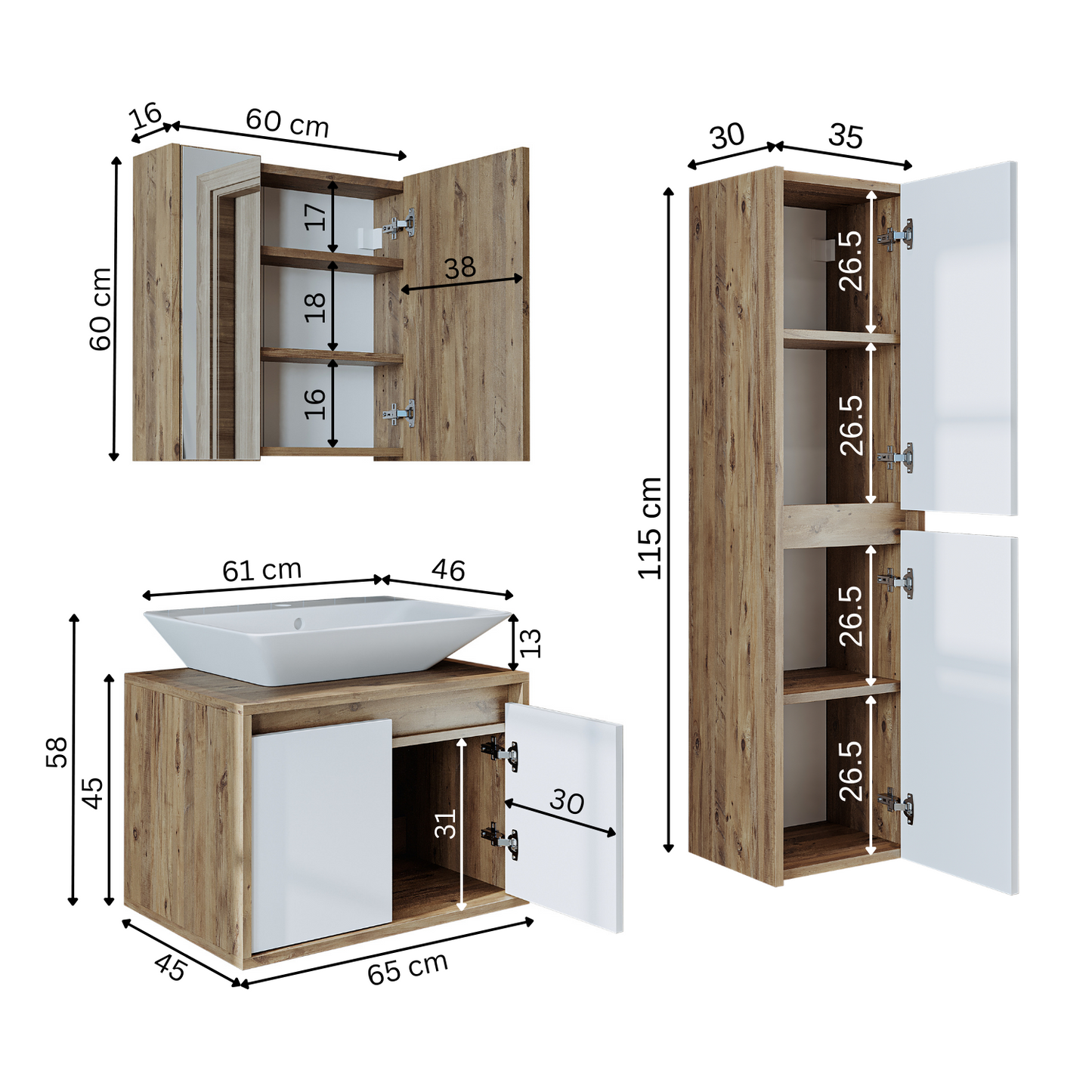 Roomart Badmöbel Set ATLANTIC 4-teilig, in 5 Farben, 65cm Unterschrank mit Keramikwaschbecken • Spiegelschrank • Hochschrank