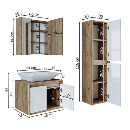 Roomart Badmöbel Set ATLANTIC 4-teilig, in 5 Farben, 65cm Unterschrank mit Keramikwaschbecken • Spiegelschrank • Hochschrank - spiegelschrank 80 cm breit, spiegelschränke fürs bad, badezimmer spiegelschrank mit beleuchtung, alibert schrank, badschrank mit