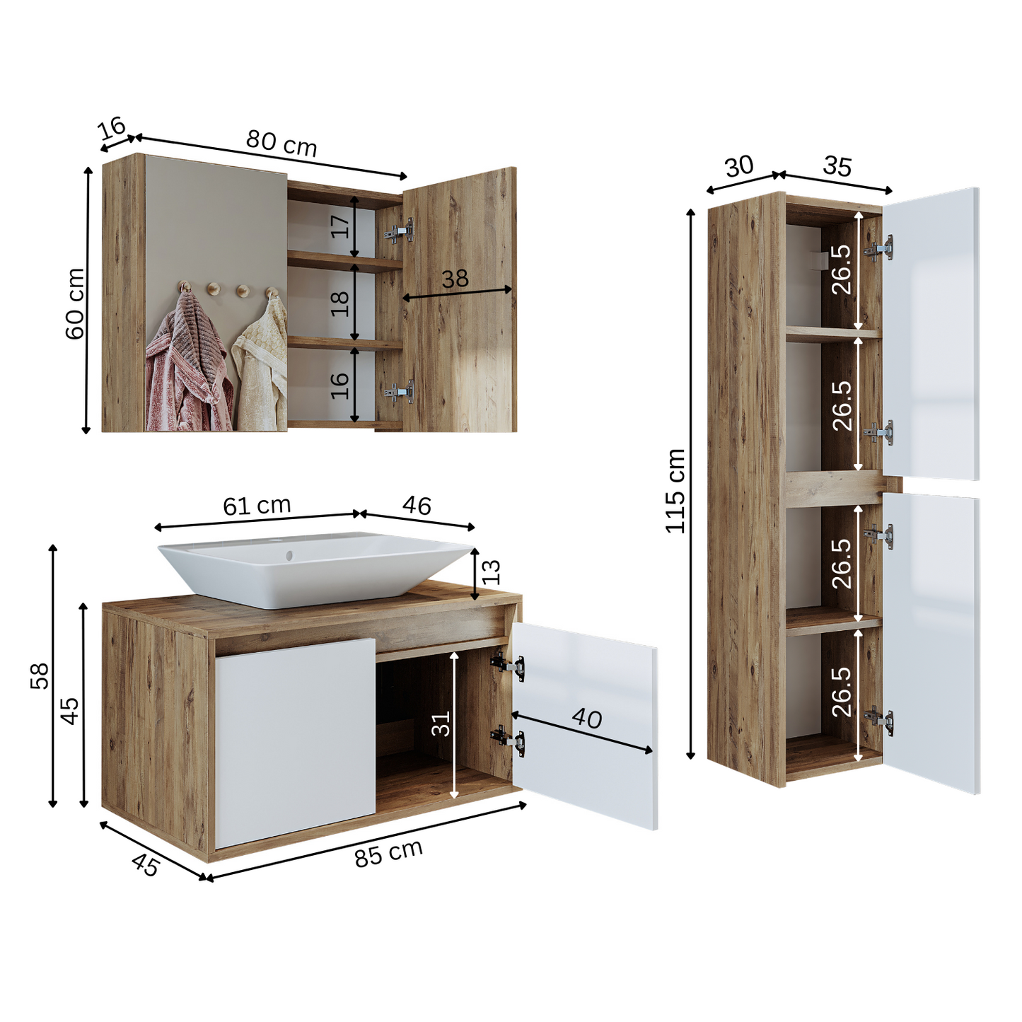 Roomart Badmöbel Set ATLANTIC 4-teilig 85 cm in 5 Farben Unterschrank mit Keramikwaschbecken   • Spiegelschrank  • Hochschrank