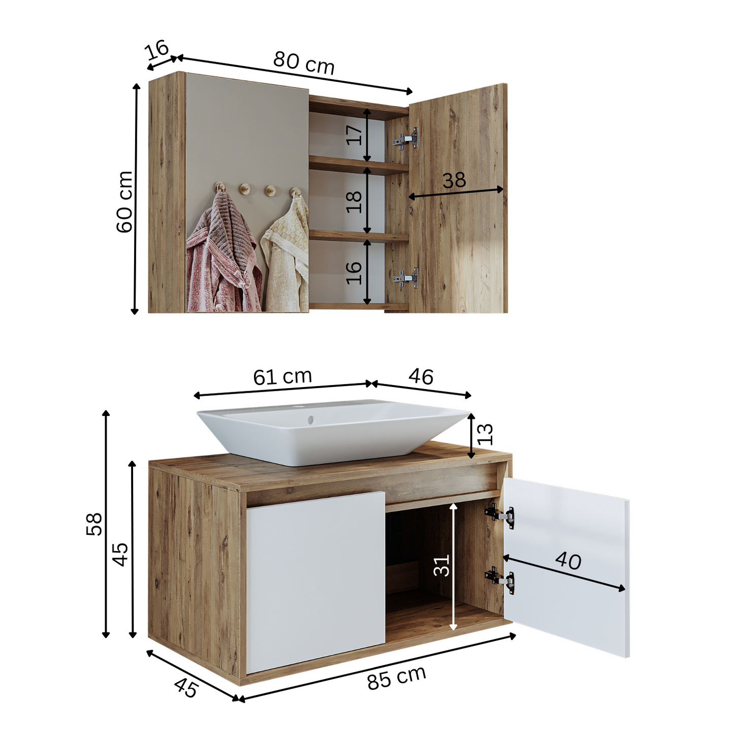 Roomart • Badmöbel Set • ATLANTIC • 3 Teilig • 85 cm Unterschrank mit Keramikwaschbecken • Spiegelschrank - badezimmerschrank, waschbecken, badezimmermöbel, badschrank, badezimmer, mit, unterschrank, badmöbel, set, waschtisch, möbel, badezimmermãbel, bad,