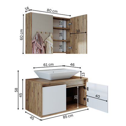 Roomart • Badmöbel Set • ATLANTIC • 3 Teilig • 85 cm Unterschrank mit Keramikwaschbecken • Spiegelschrank - badezimmerschrank, waschbecken, badezimmermöbel, badschrank, badezimmer, mit, unterschrank, badmöbel, set, waschtisch, möbel, badezimmermãbel, bad,