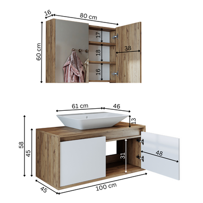 Roomart • Badmöbel Set • ATLANTIC • 3 Teilig • 100 cm Unterschrank mit Keramikwaschbecken   • 80 cm Spiegelschrank