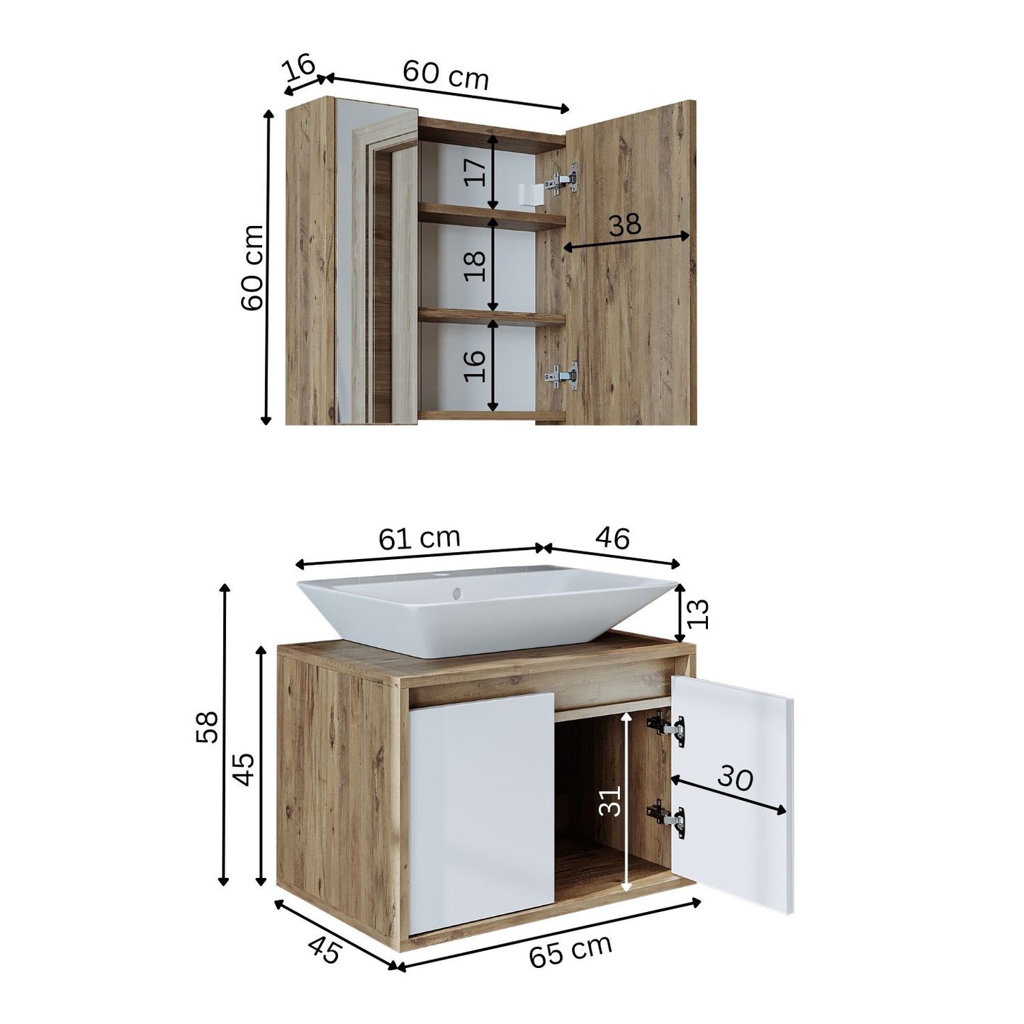 Roomart Badmöbel Set ATLANTIC 3 Teilig 65 cm Unterschrank mit Keramikwaschbecken   • Spiegelschrank