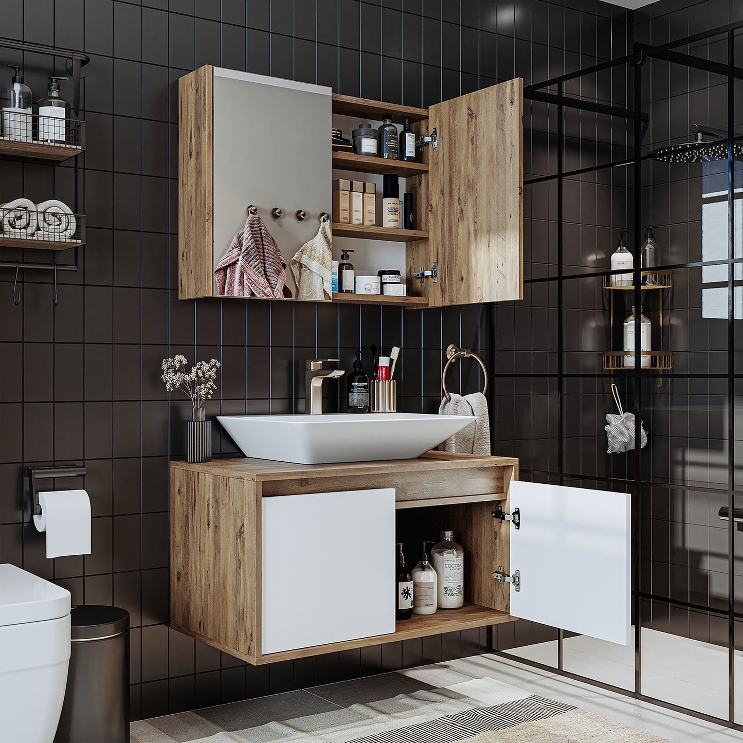 Roomart - Bathroom furniture set - ATLANTIC - 3 pieces - 85 cm vanity unit with ceramic washbasin - mirror cabinet - bathroom cabinet, washbasin, bathroom furniture, bathroom cabinet, bathroom, with, vanity unit, bathroom furniture, set, washbasin, furniture, bathroom furniture, bathroom,