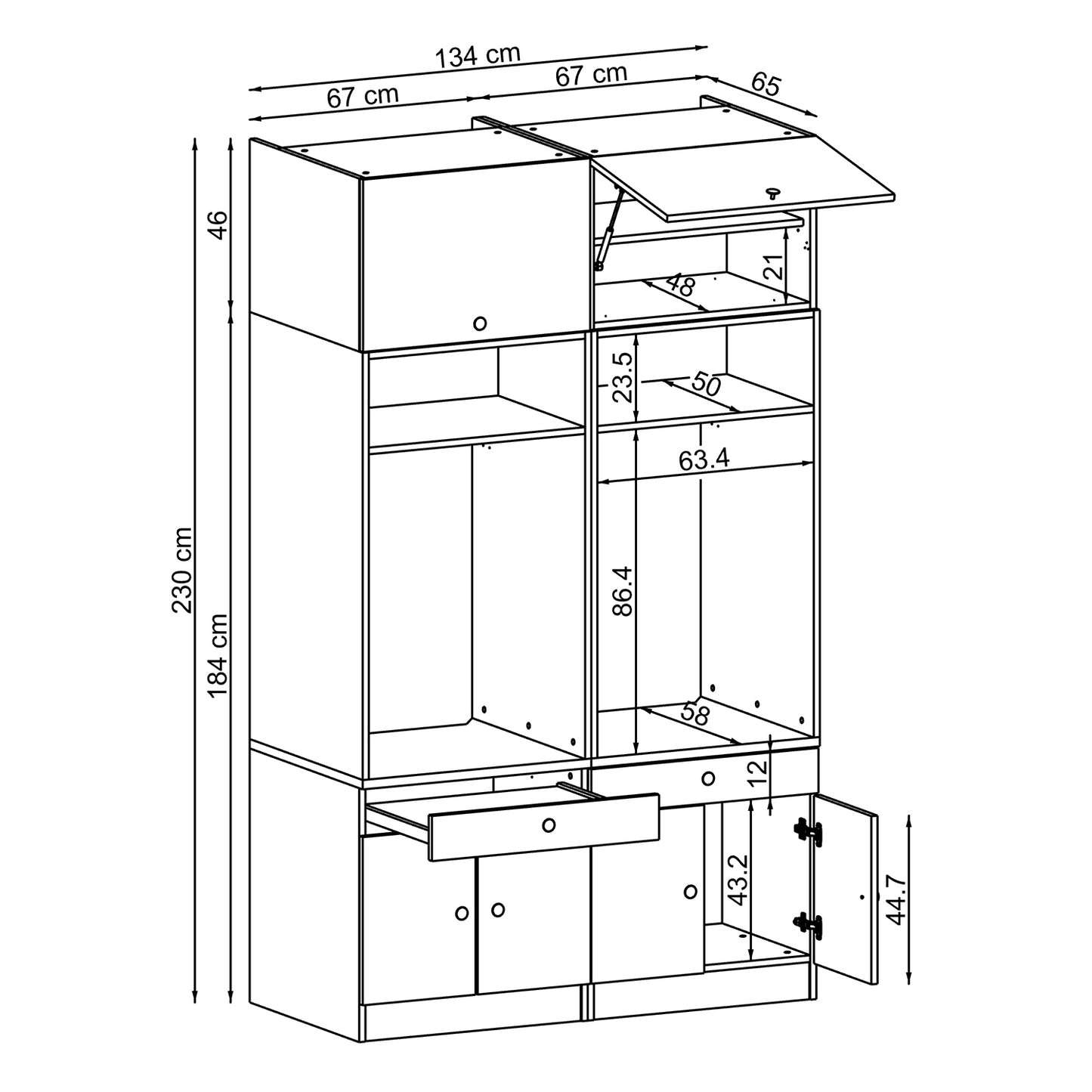 Roomart Waschmachinen Doppelschrrank Überbauschrank, mit Ausziehbrett, in 3 Farben, HBT: 230 x134x67 cm - waschmaschinenschrank, waschmaschinenregal, waschturm, schrank, weiß, waschmaschinen, unterschrank, waschmaschine, trockner, haushaltsschrank, schrän