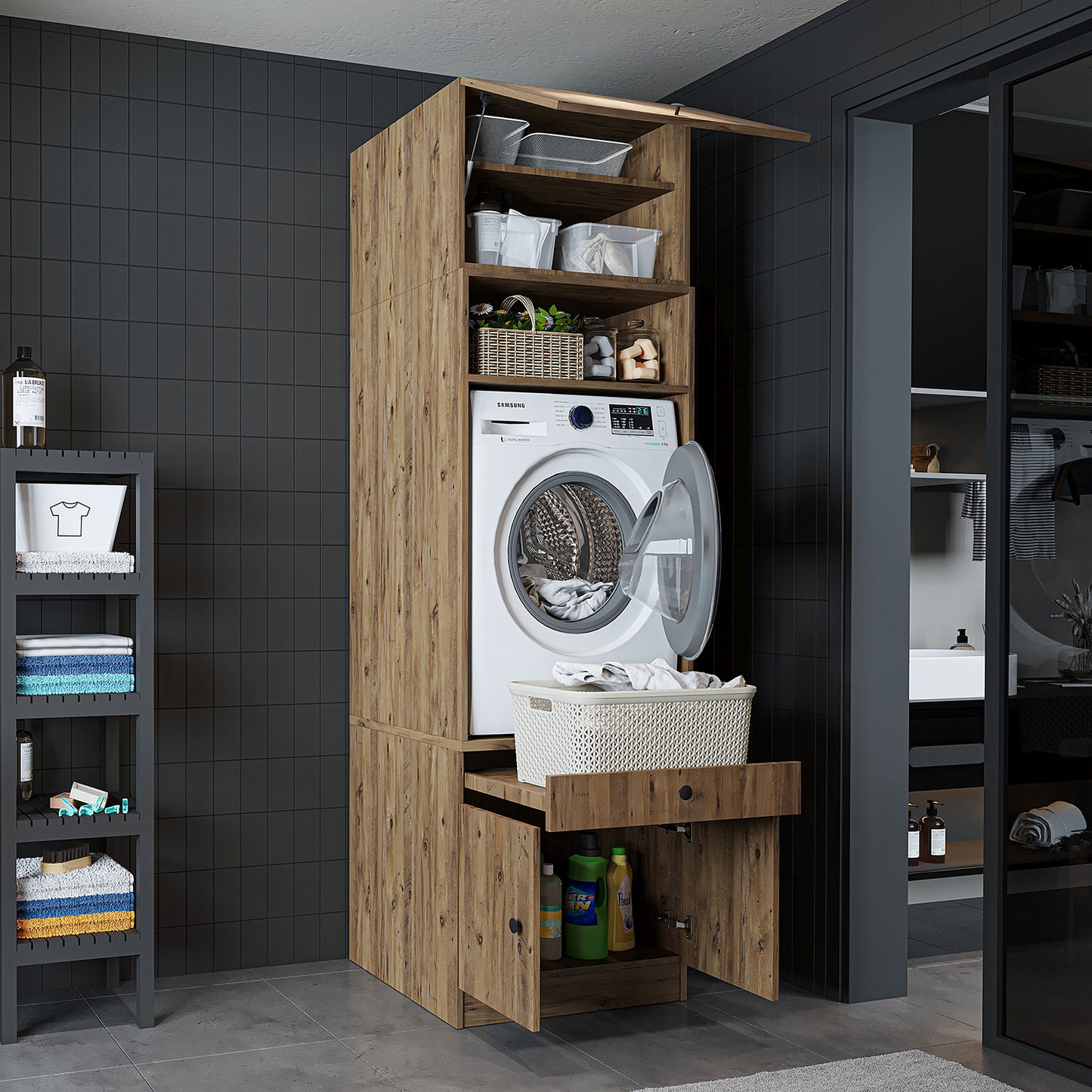 Roomart Washing machine cabinet with pull-out shelf - White - Oak - Black oak - washing machine cabinet, washing machine shelf, washing tower, cabinet, white, washing machines, base cabinet, washing machine, dryer, household cabinet, cupboards, bathroom cabinet, tall cabinet