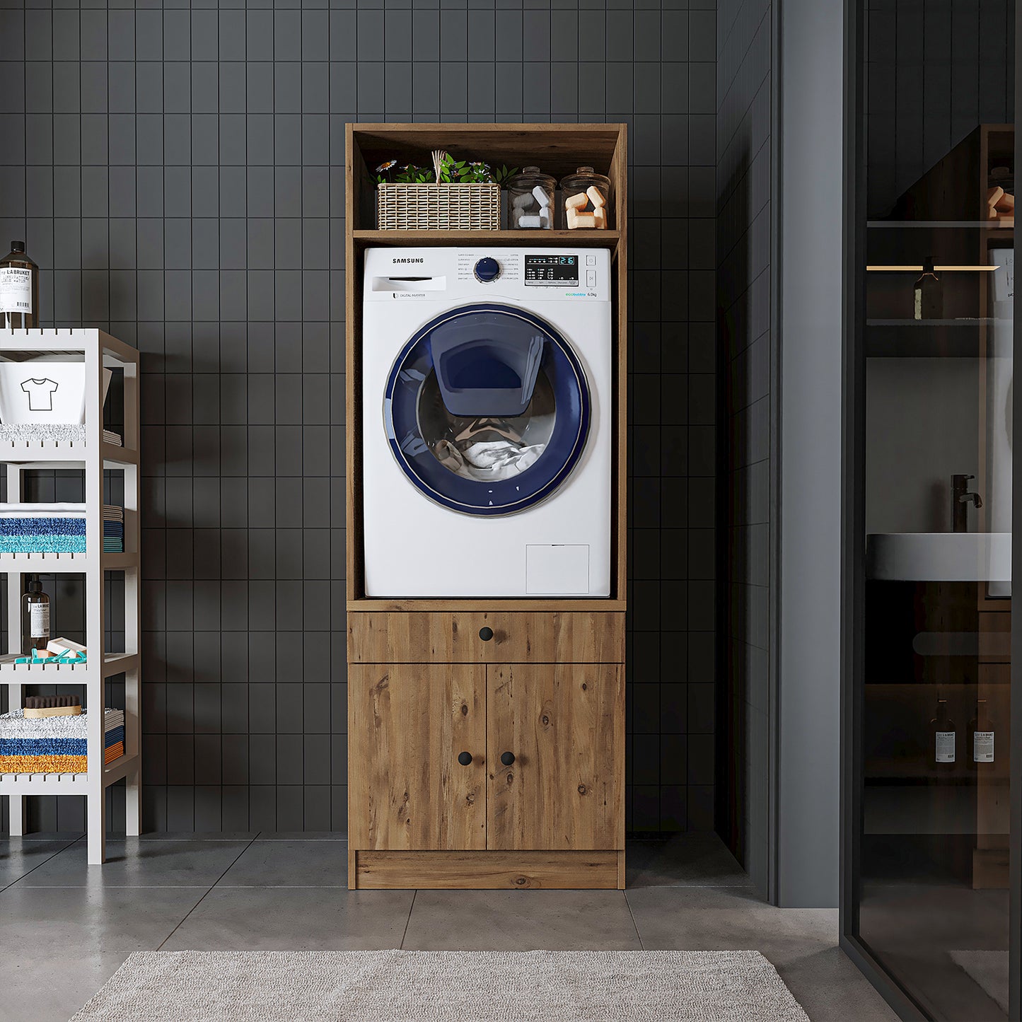 Roomart Washing machine cabinet with pull-out shelf - White - Oak - Black oak - washing machine cabinet, washing machine shelf, washing tower, cabinet, white, washing machines, base cabinet, washing machine, dryer, household cabinet, cupboards, bathroom cabinet, tall cabinet