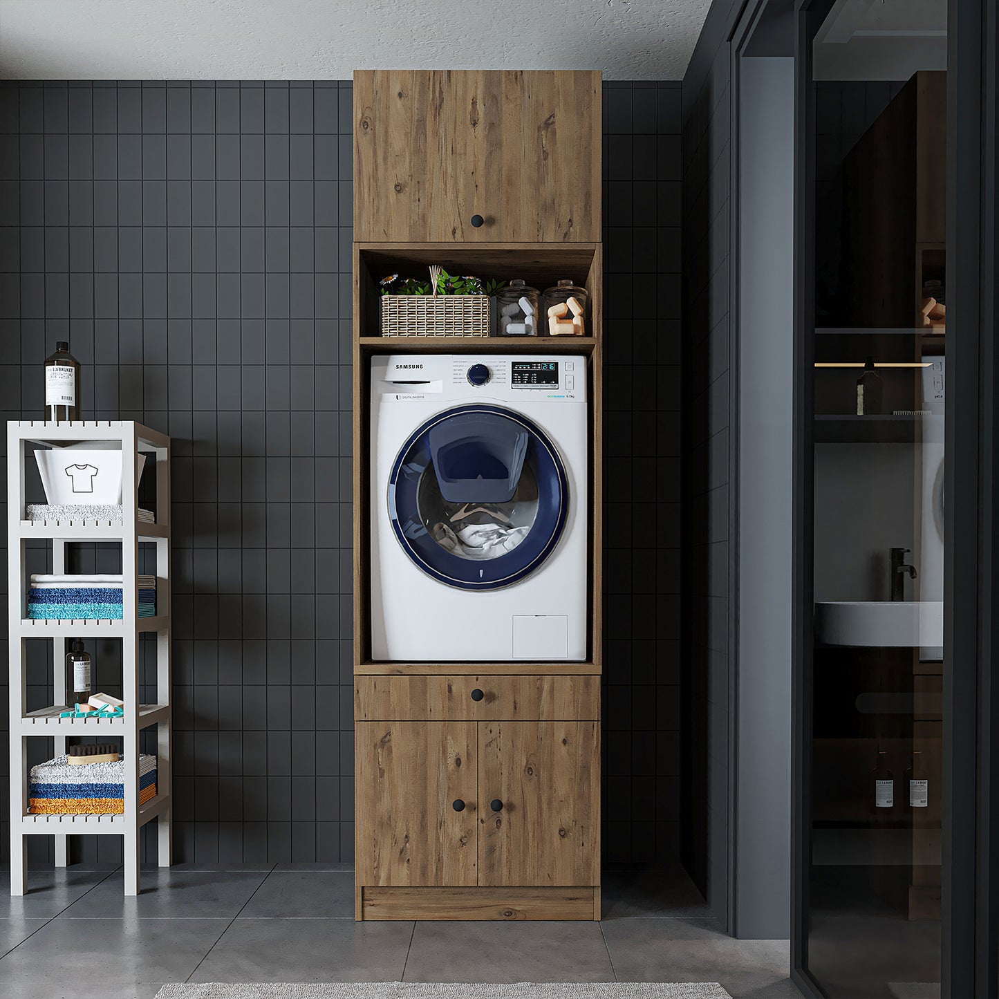 Roomart Washing machine cabinet with pull-out shelf - White - Oak - Black oak - washing machine cabinet, washing machine shelf, washing tower, cabinet, white, washing machines, base cabinet, washing machine, dryer, household cabinet, cupboards, bathroom cabinet, tall cabinet