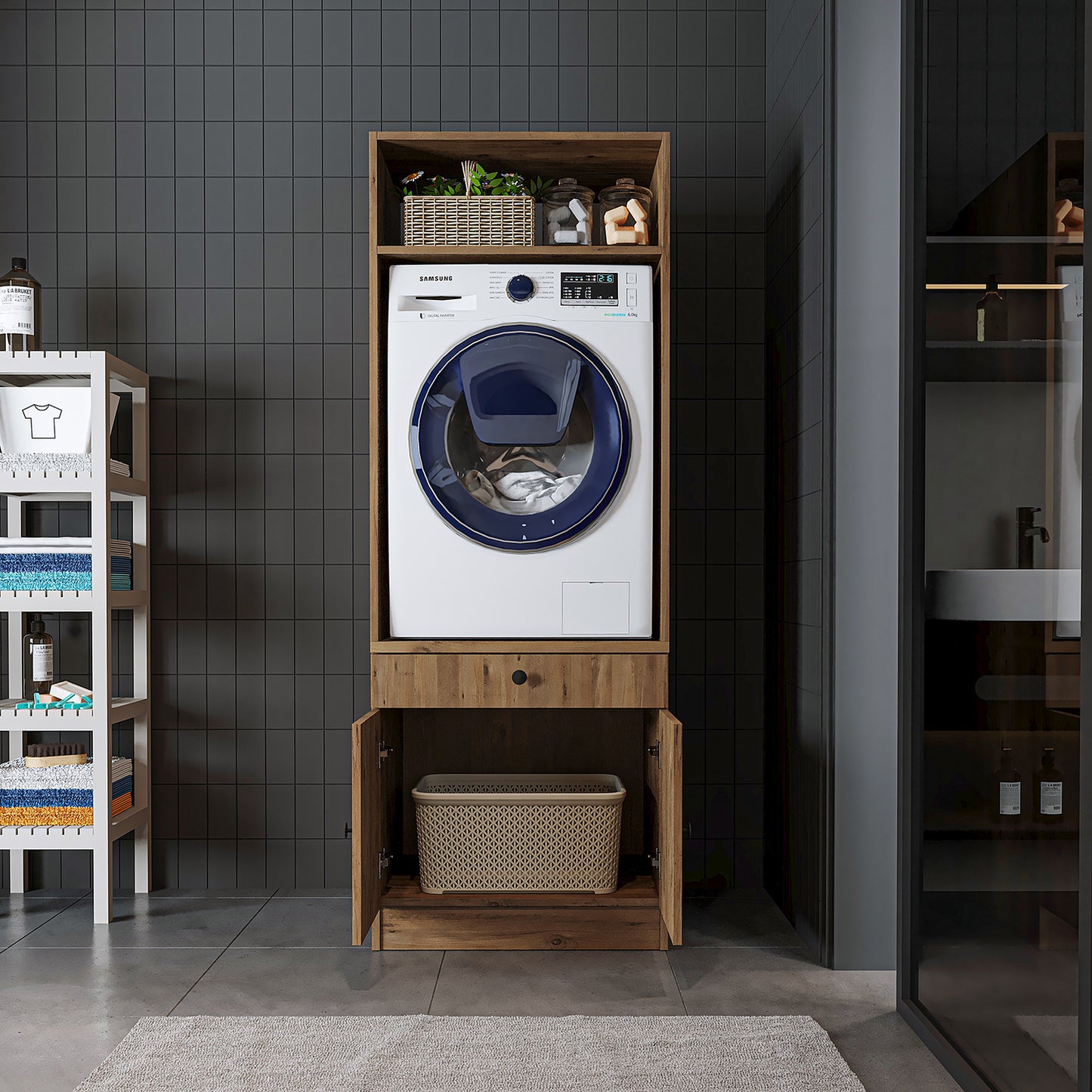 Roomart Washing machine cabinet with pull-out shelf - White - Oak - Black oak - washing machine cabinet, washing machine shelf, washing tower, cabinet, white, washing machines, base cabinet, washing machine, dryer, household cabinet, cupboards, bathroom cabinet, tall cabinet