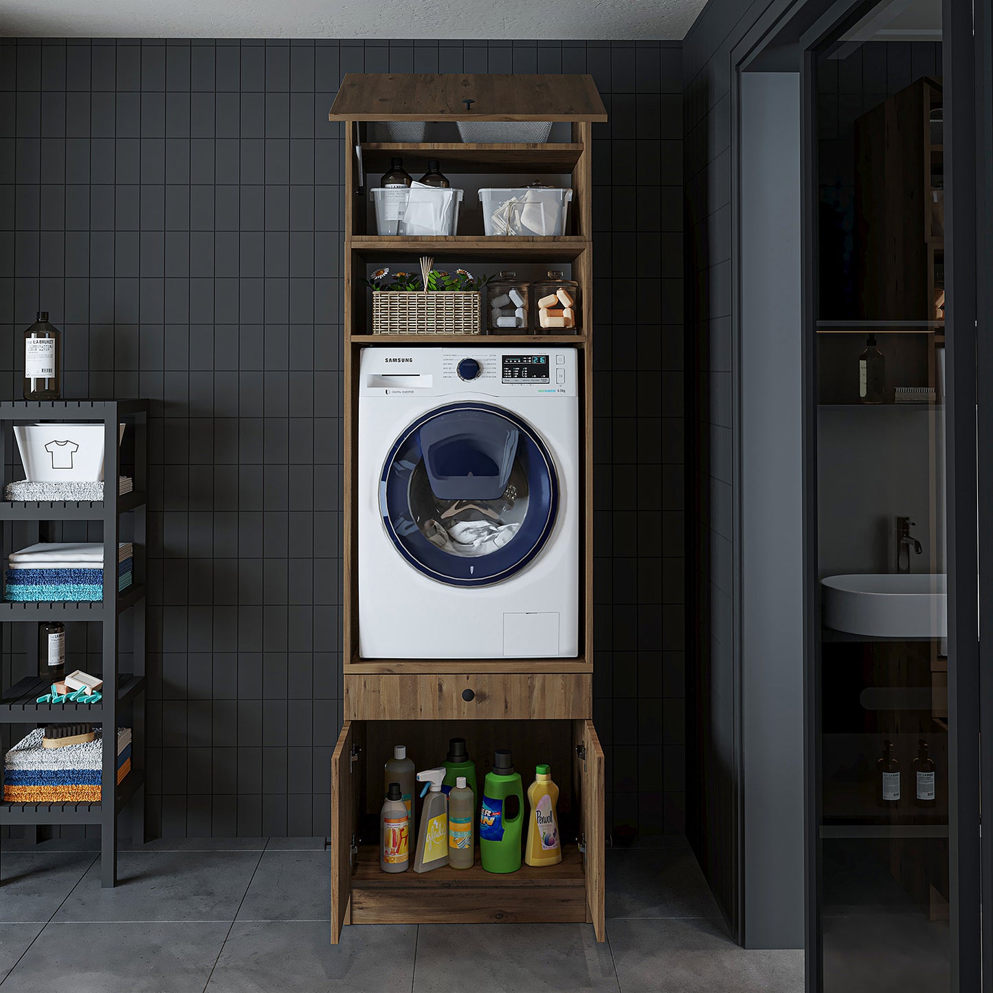 Roomart Washing machine cabinet with pull-out shelf - White - Oak - Black oak - washing machine cabinet, washing machine shelf, washing tower, cabinet, white, washing machines, base cabinet, washing machine, dryer, household cabinet, cupboards, bathroom cabinet, tall cabinet