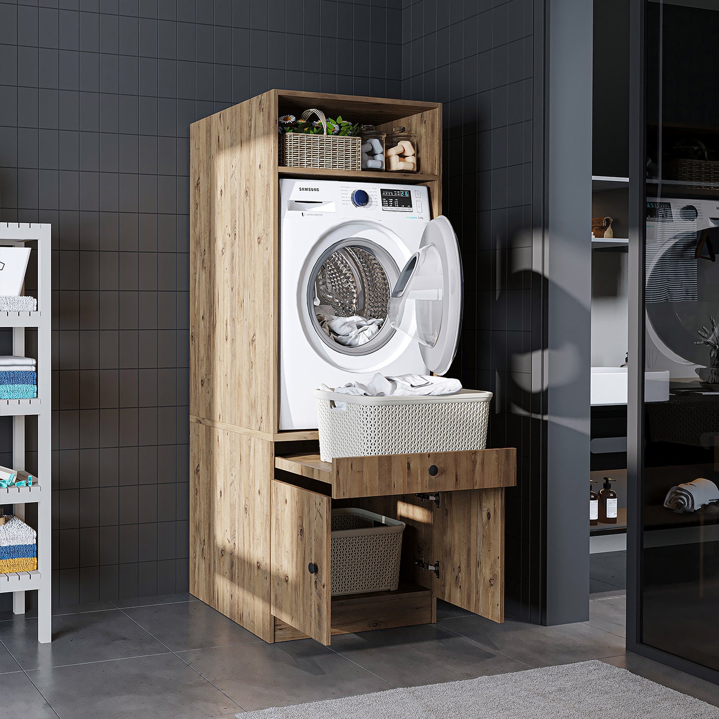 Roomart Washing machine cabinet with pull-out shelf - White - Oak - Black oak - washing machine cabinet, washing machine shelf, washing tower, cabinet, white, washing machines, base cabinet, washing machine, dryer, household cabinet, cupboards, bathroom cabinet, tall cabinet