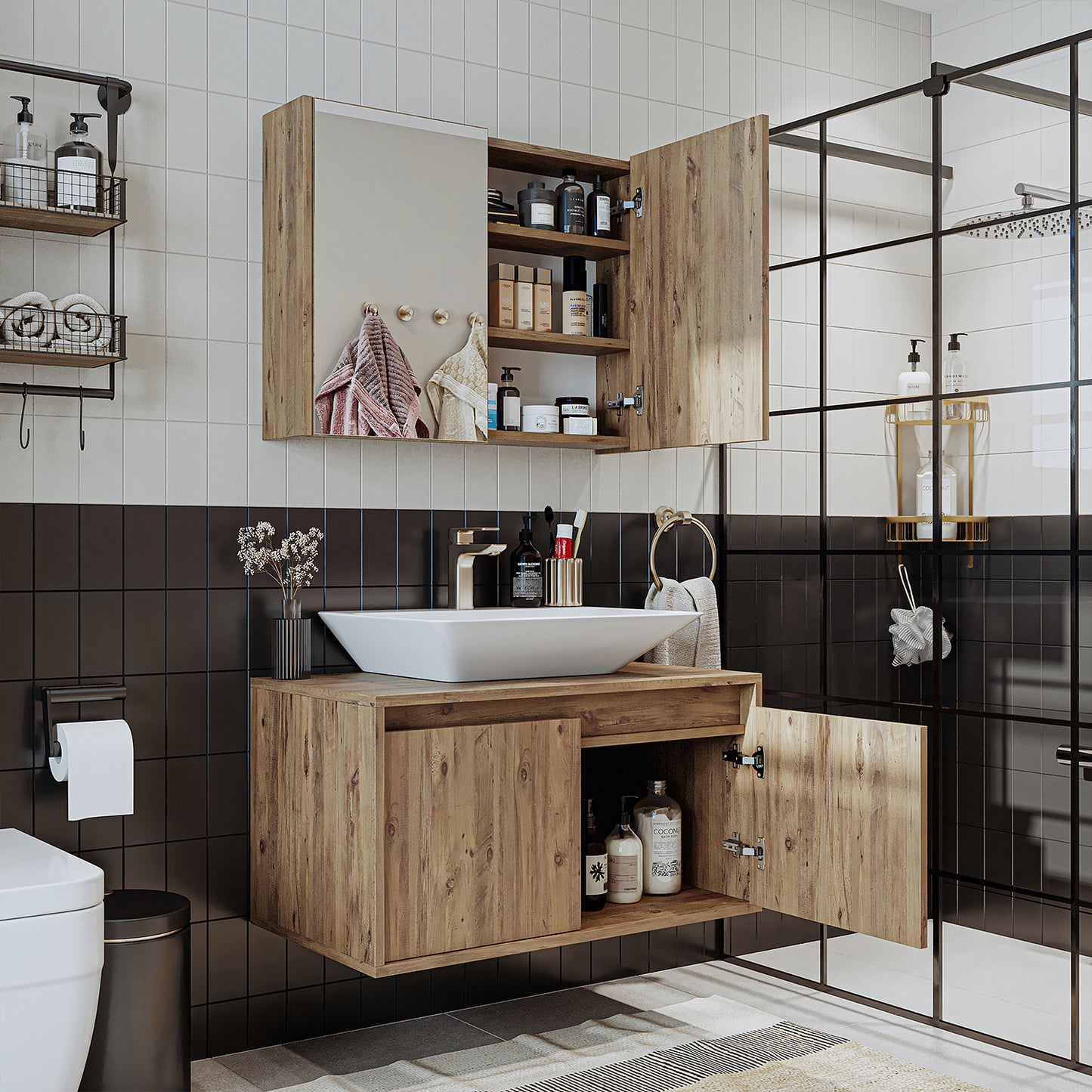 Roomart - Bathroom furniture set - ATLANTIC - 3 pieces - 85 cm vanity unit with ceramic washbasin - mirror cabinet - bathroom cabinet, washbasin, bathroom furniture, bathroom cabinet, bathroom, with, vanity unit, bathroom furniture, set, washbasin, furniture, bathroom furniture, bathroom,