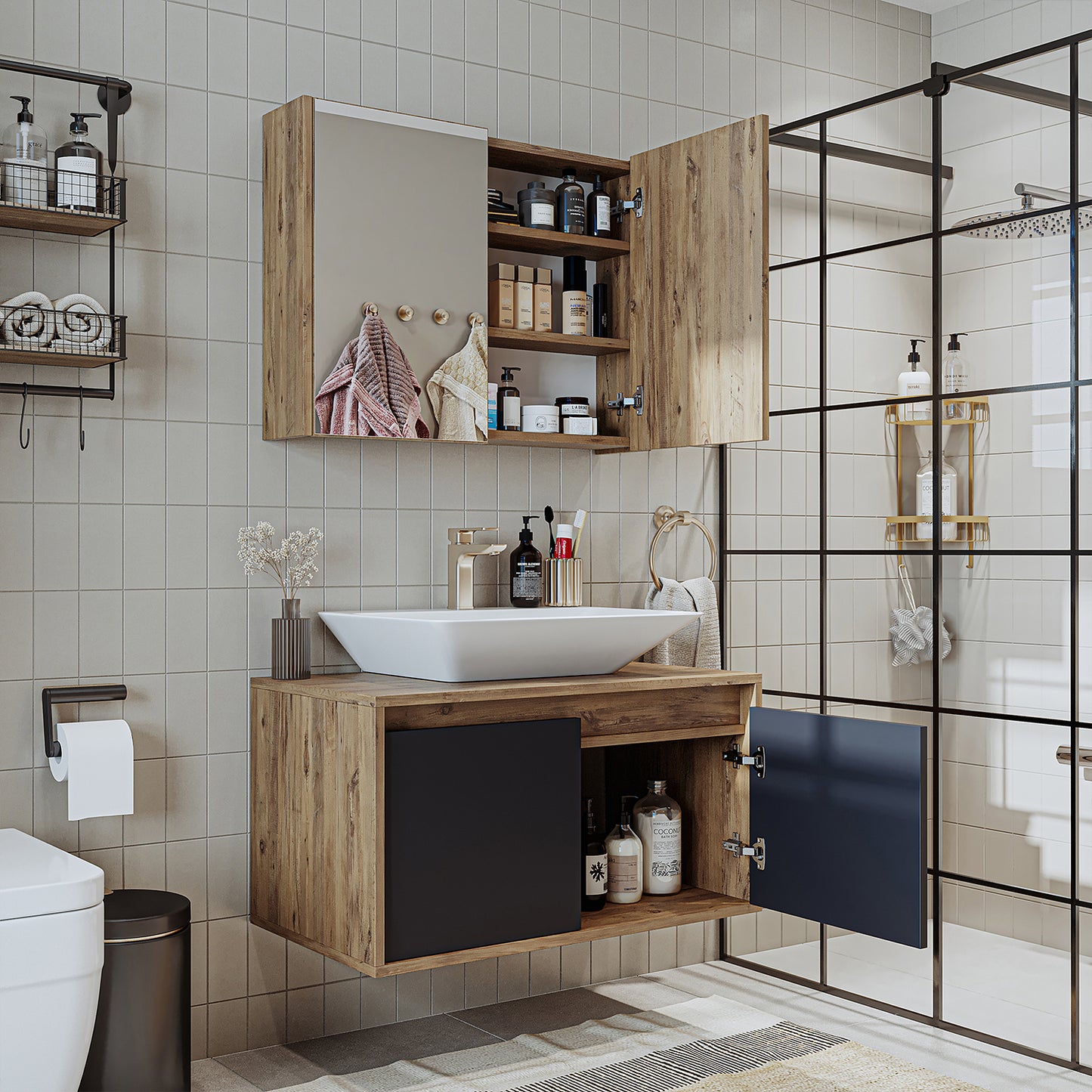 Roomart - Bathroom furniture set - ATLANTIC - 3 pieces - 85 cm vanity unit with ceramic washbasin - mirror cabinet - bathroom cabinet, washbasin, bathroom furniture, bathroom cabinet, bathroom, with, vanity unit, bathroom furniture, set, washbasin, furniture, bathroom furniture, bathroom,