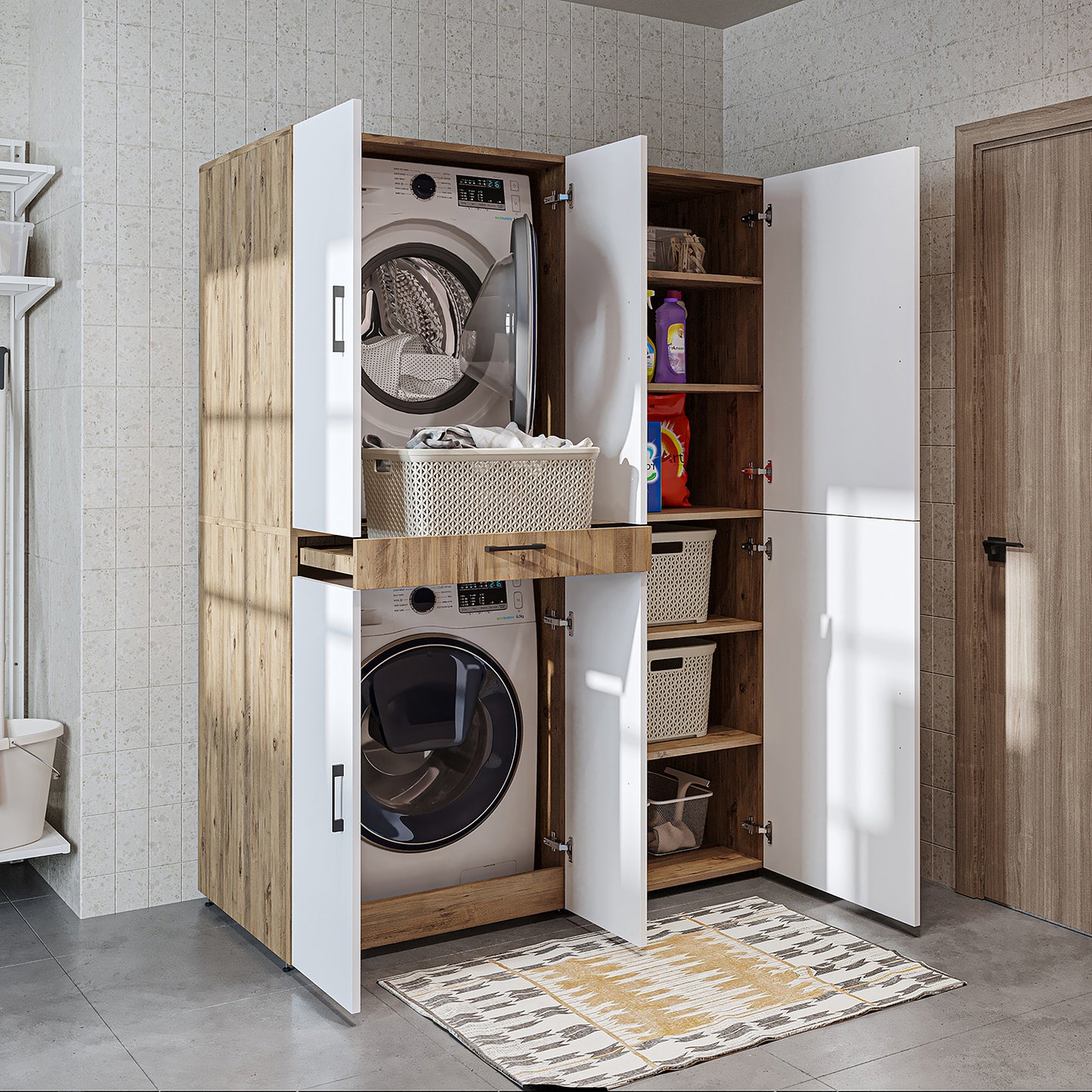 Roomart Armoire pour lave-linge " DORA SET" pour sèche-linge & lave-linge, largeur 130 cm, en 4 couleurs, avec portes & tablette coulissante - Blanc - Chêne blanc - Chêne anthracite - Chêne - armoire pour lave-linge, étagère pour lave-linge, tour de lavage, armoire, blanc, machine à laver