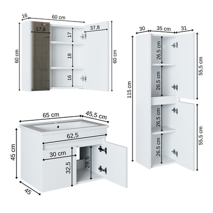 Roomart Badmöbel Set ATRIA 65 cm Unterschrank mit Waschbecken Spiegelschrank Hochschrank - spiegel bad, spiegelschrank bad 60 cm breit, badezimmerspiegel schrank, spiegelschrank mit beleuchtung, spiegelschrank 80 cm breit, spiegelschränke fürs bad, spiege