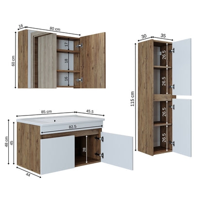 Roomart Badmöbel Set ATRIA 85 cm Unterschrank mit Waschbecken Spiegelschrank Hochschrank - badezimmer, set, waschbecken, mit, unterschrank, bad, schrank, breit, spiegelschrank, badmöbel, waschtisch, für, badschrank, hochschrank, waschbeckenunterschrank, w