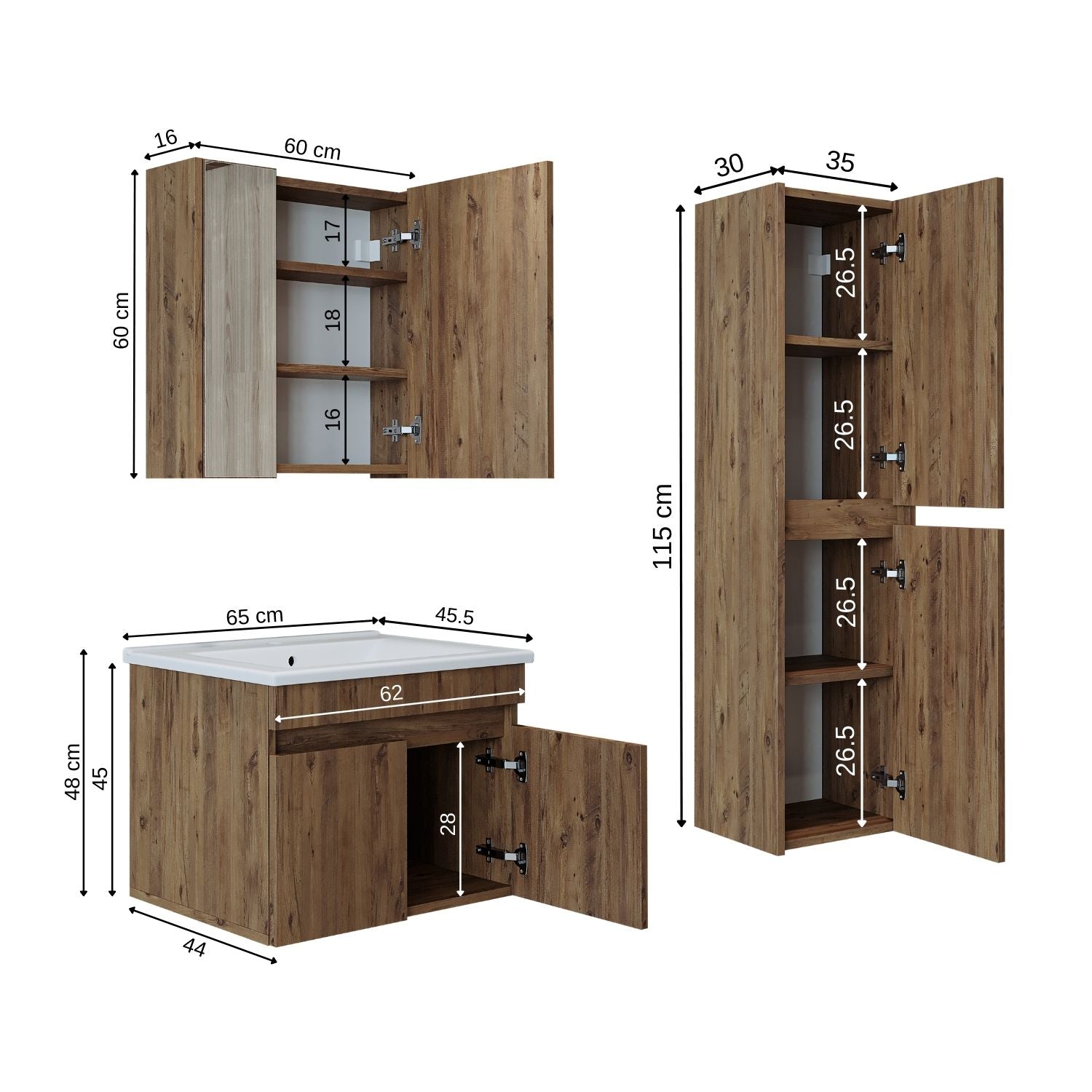 Roomart Badmöbel Set ATRIA 65 cm Unterschrank mit Waschbecken Spiegelschrank Hochschrank - spiegel bad, spiegelschrank bad 60 cm breit, badezimmerspiegel schrank, spiegelschrank mit beleuchtung, spiegelschrank 80 cm breit, spiegelschränke fürs bad, spiege