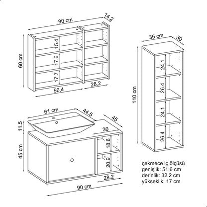 Roomart Badezimmermöbel Set GUSTO-ATL 90 cm 4 Teilig mit Keramik Waschbecken