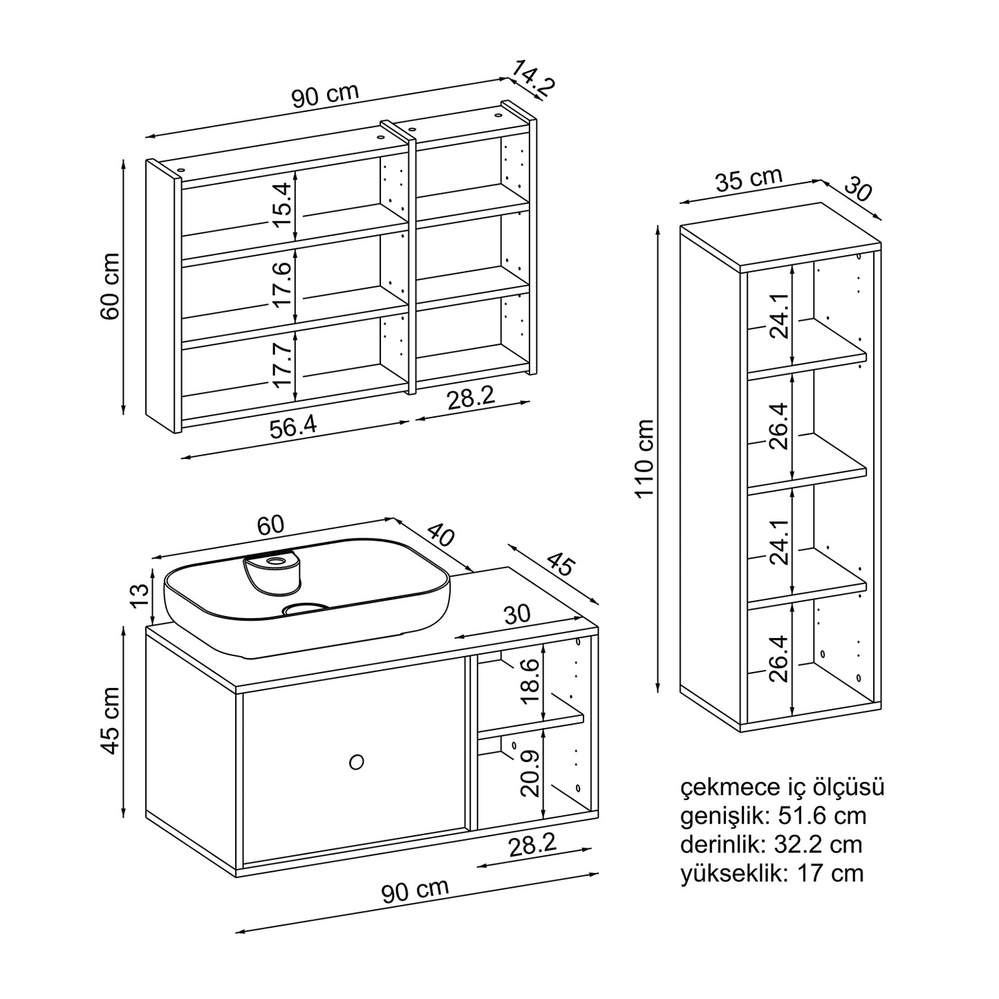 Roomart Badezimmermöbel Set GUSTO 90 cm 4 Teilig mit Keramik Waschbecken