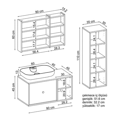 Roomart Badezimmermöbel Set GUSTO 90 cm 4 Teilig mit Keramik Waschbecken