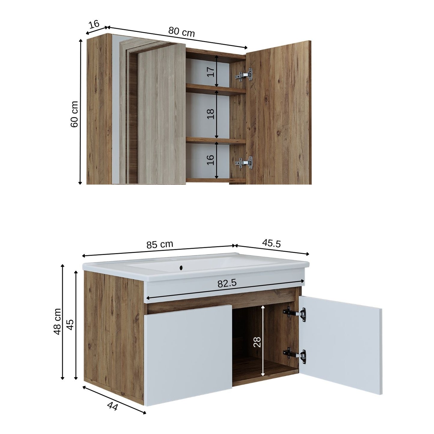 Roomart bathroom furniture set ATRIA 3 pieces, in 4 colors, 85 cm vanity unit with ceramic washbasin - mirror cabinet - bathroom cabinet, washbasin, bathroom furniture, bathroom cabinet, bathroom, with, vanity unit, bathroom furniture, set, washbasin, furniture, bathroom furniture, bathroom