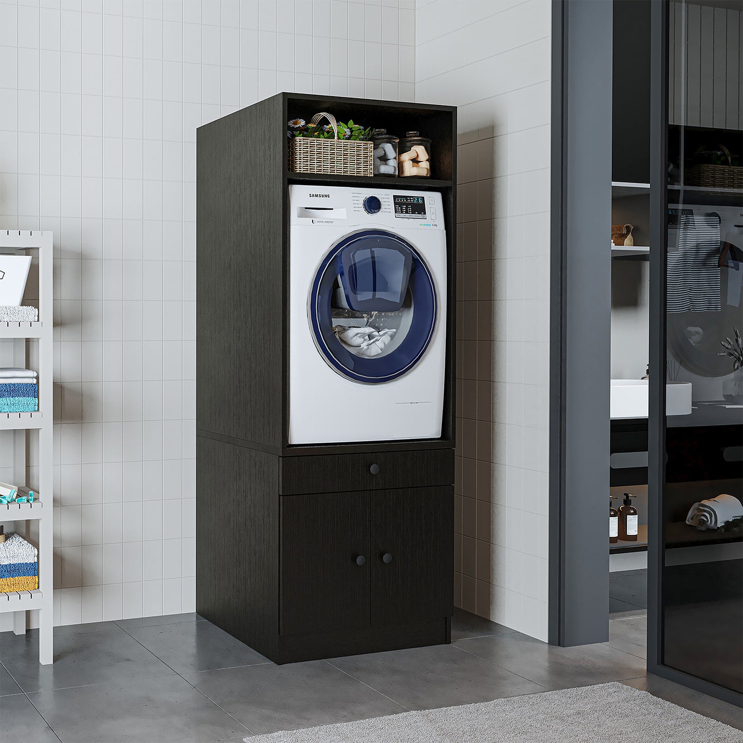 Roomart Washing machine cabinet with pull-out shelf - White - Oak - Black oak - washing machine cabinet, washing machine shelf, washing tower, cabinet, white, washing machines, base cabinet, washing machine, dryer, household cabinet, cupboards, bathroom cabinet, tall cabinet