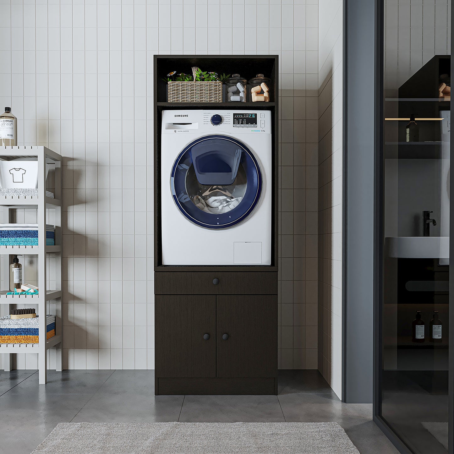 Roomart Washing machine cabinet with pull-out shelf - White - Oak - Black oak - washing machine cabinet, washing machine shelf, washing tower, cabinet, white, washing machines, base cabinet, washing machine, dryer, household cabinet, cupboards, bathroom cabinet, tall cabinet