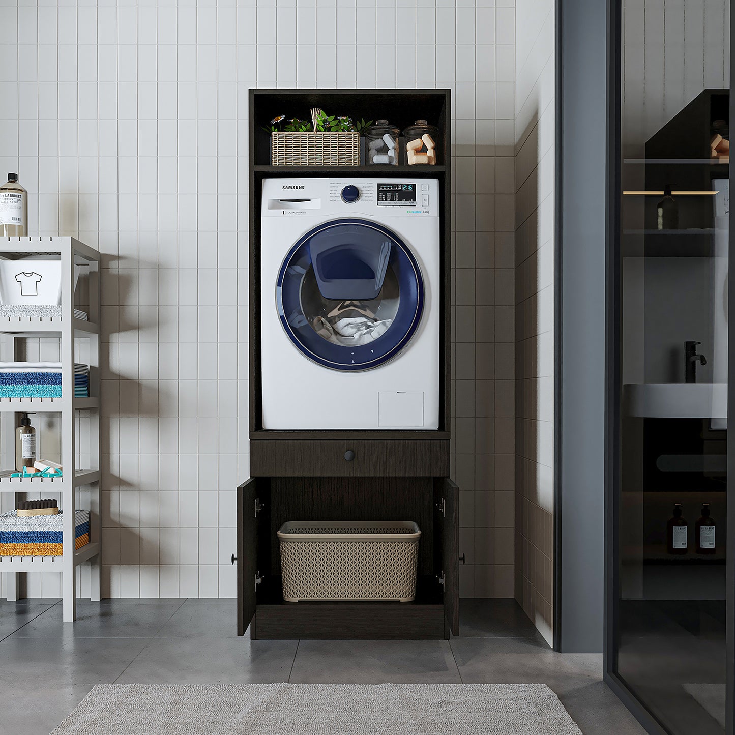 Roomart Washing machine cabinet with pull-out shelf - White - Oak - Black oak - washing machine cabinet, washing machine shelf, washing tower, cabinet, white, washing machines, base cabinet, washing machine, dryer, household cabinet, cupboards, bathroom cabinet, tall cabinet