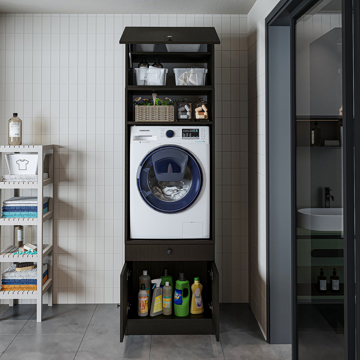 Roomart Washing machine cabinet with pull-out shelf - White - Oak - Black oak - washing machine cabinet, washing machine shelf, washing tower, cabinet, white, washing machines, base cabinet, washing machine, dryer, household cabinet, cupboards, bathroom cabinet, tall cabinet