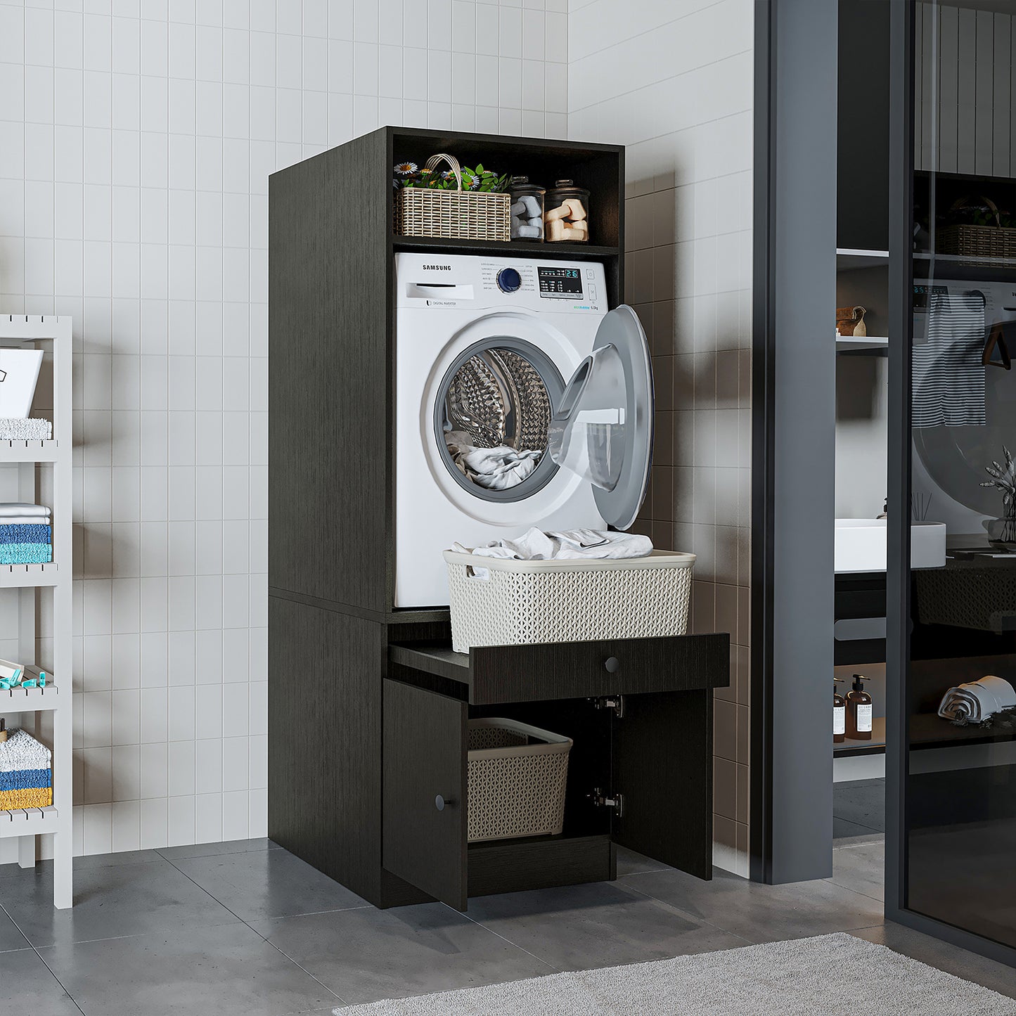 Roomart Washing machine cabinet with pull-out shelf - White - Oak - Black oak - washing machine cabinet, washing machine shelf, washing tower, cabinet, white, washing machines, base cabinet, washing machine, dryer, household cabinet, cupboards, bathroom cabinet, tall cabinet