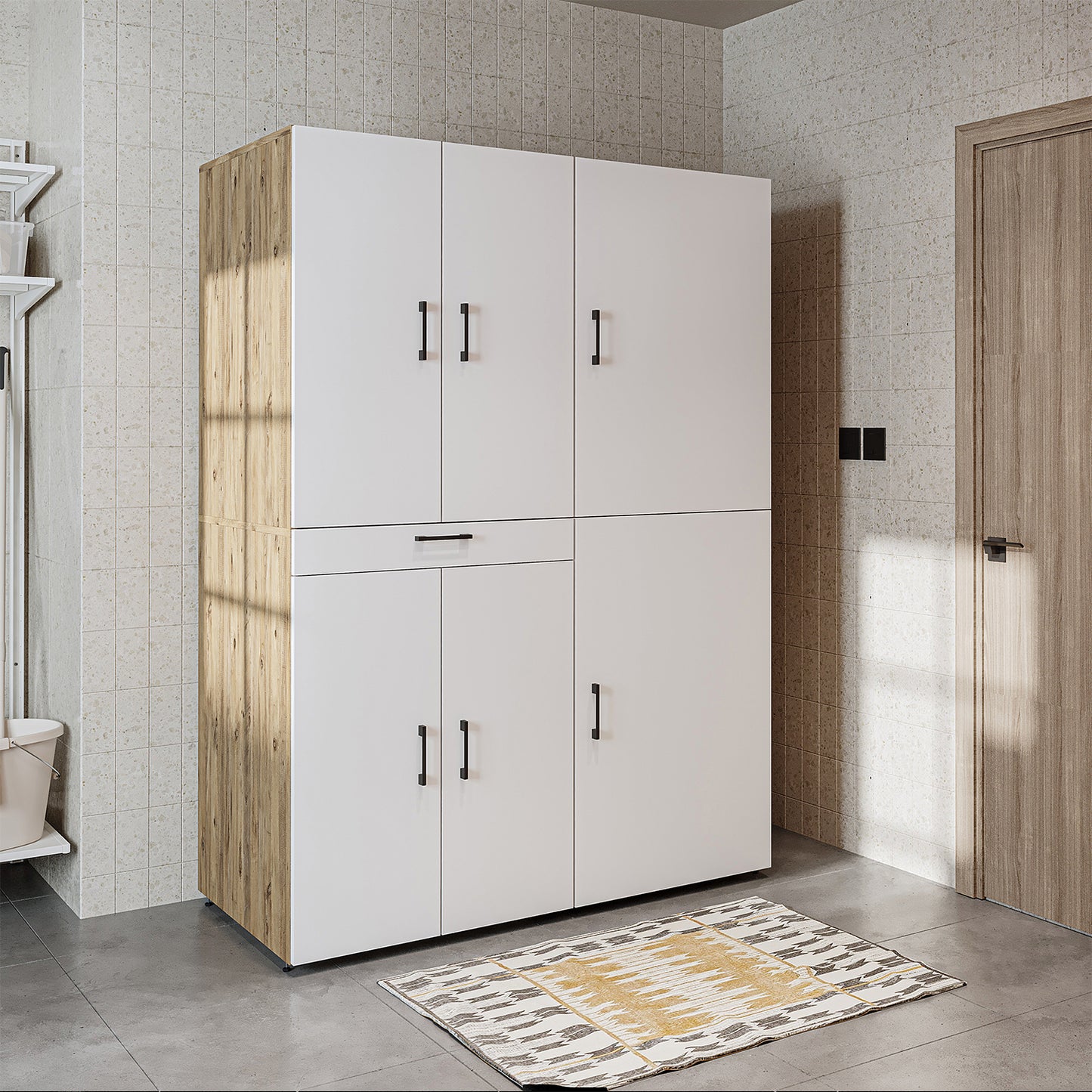 Roomart Armoire pour lave-linge " DORA SET" pour sèche-linge & lave-linge, largeur 130 cm, en 4 couleurs, avec portes & tablette coulissante - Blanc - Chêne blanc - Chêne anthracite - Chêne - armoire pour lave-linge, étagère pour lave-linge, tour de lavage, armoire, blanc, machine à laver